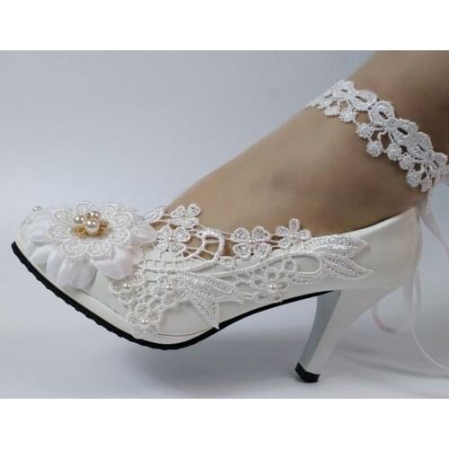 Ankle Strap Lace-Up White Flower women wedding shoes High heel round toe shoes for woman Bridesmaid Party Dress Shoe