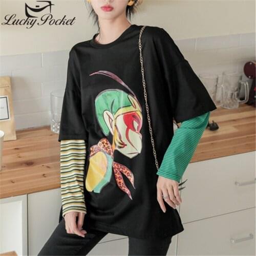 Women Spring Autumn Black Patchwork Cartoon Print T-shirt Ladies Fashion Plus Size Pullovers Female Brand Casual Tops ZM672