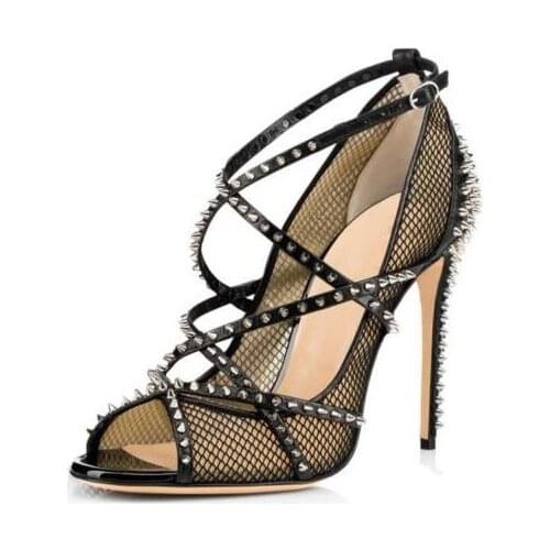 Moraima Snc Womens Fashion Punk Style Peep Toe Studs Fishnet High Heel Sandals Shoes Summer Ankle Strap Thin Heels Dress Shoe