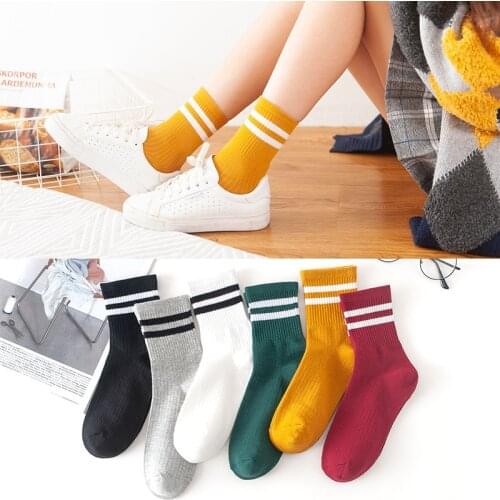 Womens Classic Harajuku Stripe Cotton Tube Skateboard Sports Casual Two Bars Art Fashion Student Solid Autumn&winter Long Socks