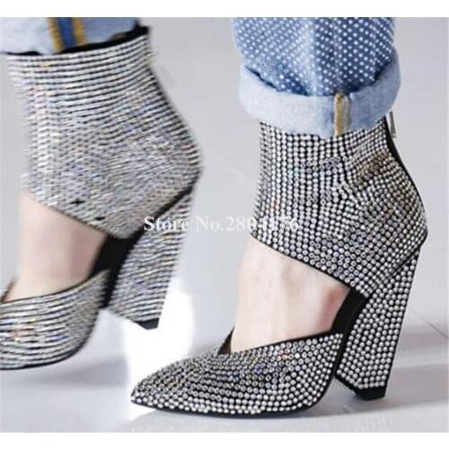 Women Luxurious Bling Bling Pointed Toe Rhinestone Spike Heel Short Boots Ankle Wrap Cut-out Crystal Strange Heel Ankle Booties
