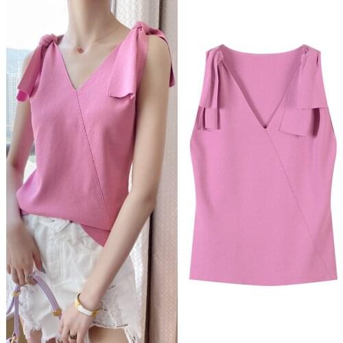 New 2020 summer women designer sexy sleeveless knitted tank girls sweet bow elegant knitting top JC461