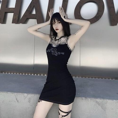 Black Goth Women Sexy Dress 2020 Summer Lady Leopard Patchwork Sleeveless Mini Empire Gothic Dresses Fish Print Backless Vestido