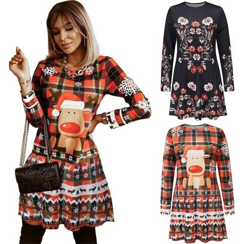 Winter Merry Chrismas Women Dress Print Color Full Sleeve Autumn Female Vestido Party Robe Elegant Casual Woman‘s Dresses C2978