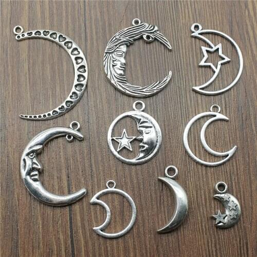10pcs Charms Moon Antique Silver Color Moon Charms Pendants For Bracelets Moon And Star Charms Wholesale