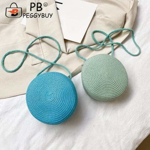 2021 Vintage Women Round Shoulder Bag Beach Vacation Woven Solid Color Messenger Bags Women Summer Bag HandBags