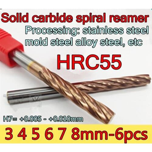 3 4 5 6 7 8mm 6pcs/set HRC55 Solid carbide spiral reamer H7 Processing: stainless steel mold steel alloy steel, etc