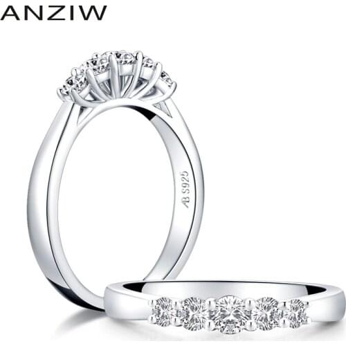 ANZIW 5 Stones Row Drill Wedding Band Ring 925 Sterling Silver Rings Simulated Diamond Engagement Wedding Band Rings Jewelry