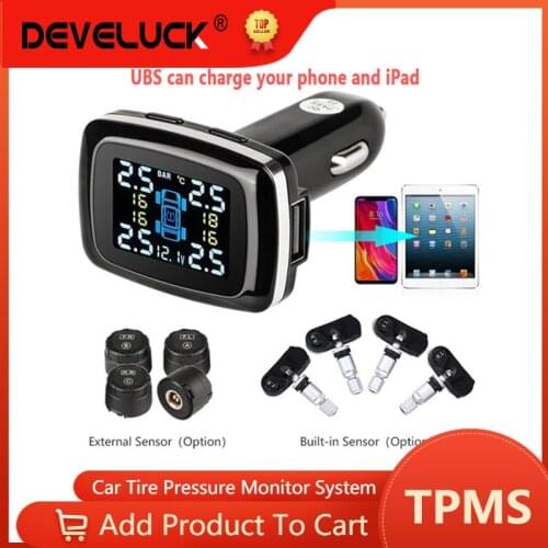 Develuck Car TPMS Cigarette Lighter Wireless Universal TPMS Digital tpms Tire Pressure Alarm System 4 External Internal Sensor