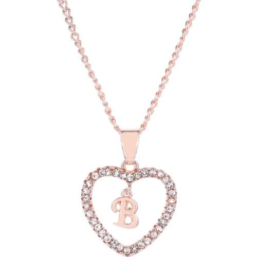Simple Bling Clear Crystal Pendant Sweet Heart Initial Letter A-Z Alphabet Rose Gold Alloy Collarbone Chain Necklace For Women