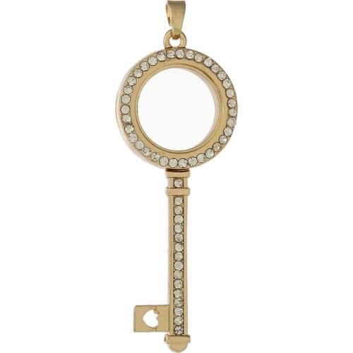 DoreenBeads Living Memory Glass Locket Pendants Key Gold color Antique Bronze Heart Hollow Rhinestone Magnetic Can Open,1 Piece