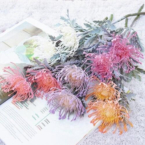 Artificial Leucospermum Flower Wedding Home Decoration Short Branch Pinwheel Plants 2 Fork Pin Cushion Flower Fake Flower
