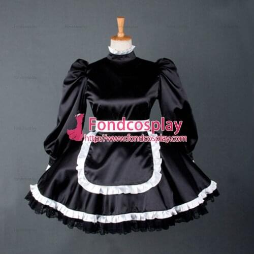 Sexy Sissy Maid Dress Lockable Uniform Black Satin Dress Cosplay Costume Custom-made[G780]