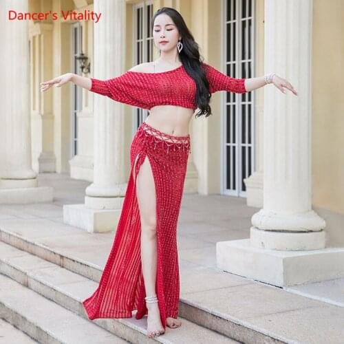 Belly Dance Suit Bat Sleeve Top Split Long Skirt Practice Clothes Set Female Adult Elegant Loose Shirt Performance Clothing