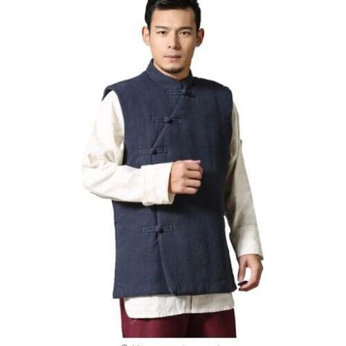 Mens Winter Vest Thicken Sleeveless jacket Male China Kong Fu Casual Linen cotton Padded Vest Coat Waistcoat