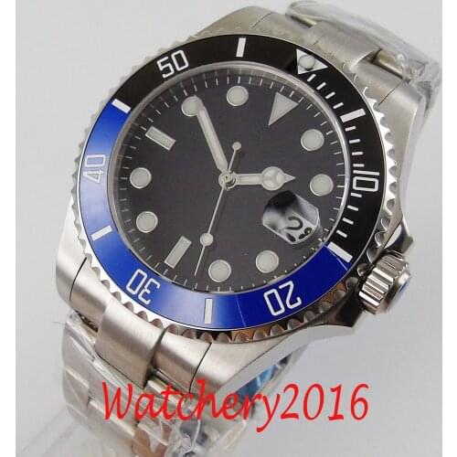 BLIGER 43mm Black no logo dial luminous hands Sapphire Glass full stainless steel NH35 automatic movement Mens Watch