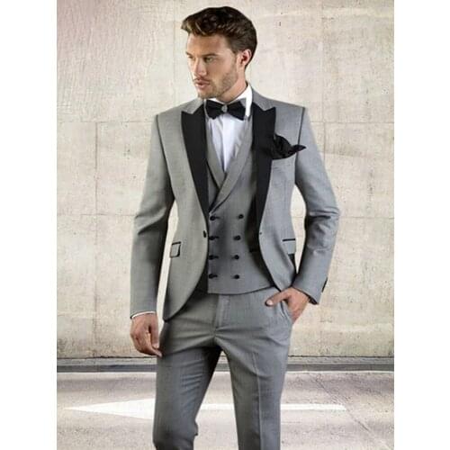 ANNIEBRITNEY 3 Piece Grey Men Slim Fit Groom Wedding Tuxedo Formal Skinny Men Suit Set Tailor Made Prom Wedding Wool Suit