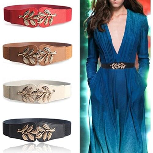 New Fashion leaf waistbands Stretchy lady elastic cummerbunds for women dark blue belt dress gold Double Metal buckle waistband