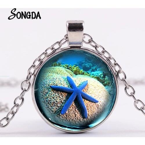 Starfish Shell Fish Ocean Necklace Summer Beach Style Cute Sea Star Glass Silver Plated Statement Necklace for Women Kids