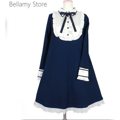 Daily sweet college Tibetan Blue Doll collar Lolita retro bow lotus leaf high waist dress soft girl