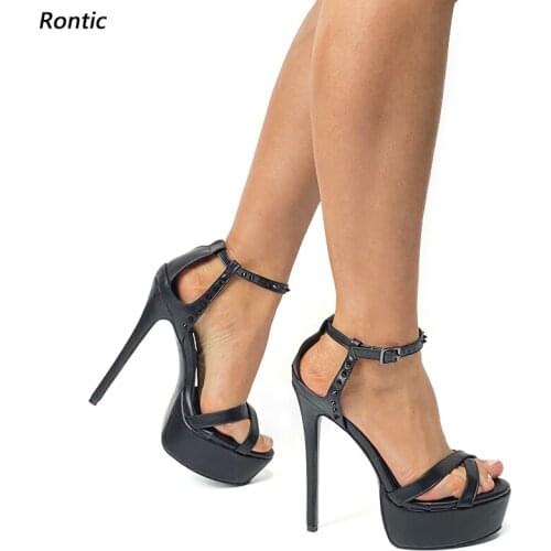 Rontic Handmade Women Platform Sandals Unisex Ankle Strap Studs Sexy Stiletto Heels Open Toe Black Party Shoes US Size 5-20