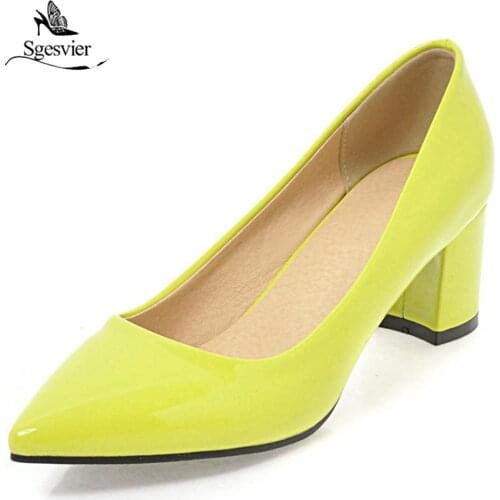 Sgesvier Patent Leather Shoes Woman Thick Heel Concise Fashion Pointed Toe Ladies Dress Shoes Shallow Mouth Candy Colors OX473