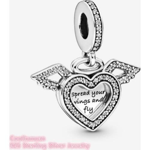 Winter 100% Original 925 Sterling Silver Heart and Angel Wings Dangle Charm beads Fits Brand bracelets Jewelry Making