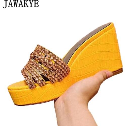 Fashion Brand Crystal Wedge Slides Women Blingbling Open Toe Flat Platform Party Sandals Height Increase Formal Summer Slippers