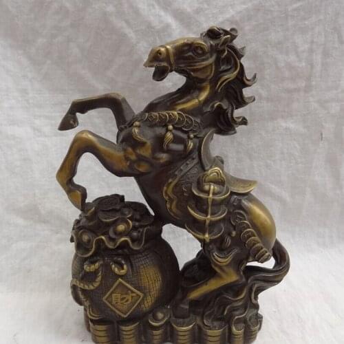 Song voge gem S3028 11" Chinese Bronze Zodiac Cai Wealth YuanBao Bag Coin Up Horse Statue Figurine