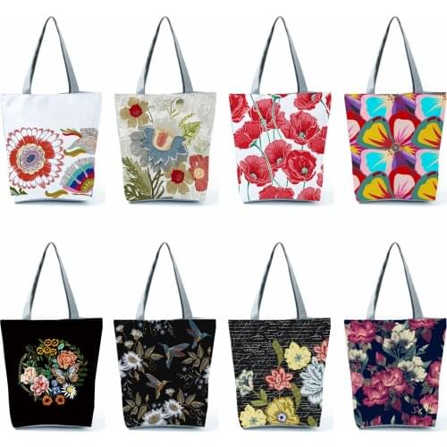 Bright Colors Fresh Floral Printed Tote Bag For Women Personalized Female Shopping Bags 2020 Hot Sale Fashion Chic Linen Handbag