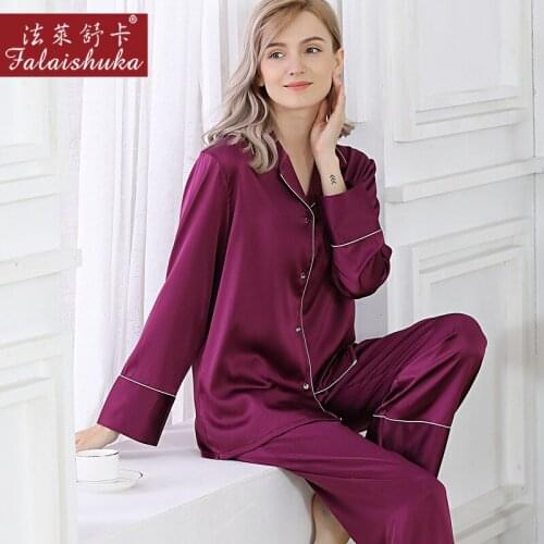 19 momme New genuine silk pajamas sets women sexy purple sleepwear Korean Elegant simple pure color silk womens pyjamas T8263