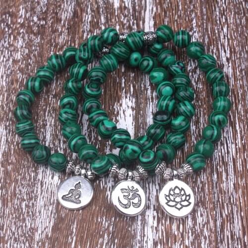 1pcs 8mm Malachite With Lotus OM Buddha Women Charm Bracelet Strand Single Mala Bracelet Lucky Meditation Yoga Bracelet