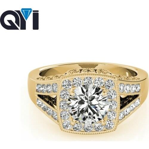 QYI Women 14k Yellow gold Split Band Ring Round Cut 1.25 ct Cubic Zirconia Vintage Halo Engagement Rings