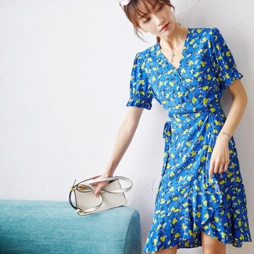 Blue New flower Little falbala dress with short sleeves female 2021 tea