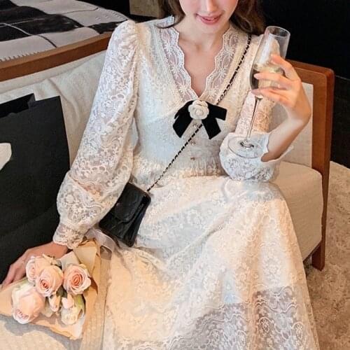 Korean Fashion Vintage Midi Dress Women Party Long Sleeve Elegant Y2k Dress Lace Design 2021 Autumn Sweet Dress Office Ladies