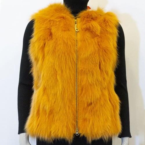 Women Autumn Winter Spring Original Natural Fox Fur Orange Comfortable Famale Sleeveless Hooded Vest