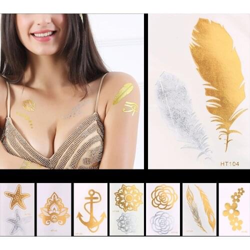 1pc Flash Gold Silver Metallic Feather Tattoo Decal Color Temporary Women Hair Makeup Flower Body Art Tattoo Sticker Design Gift