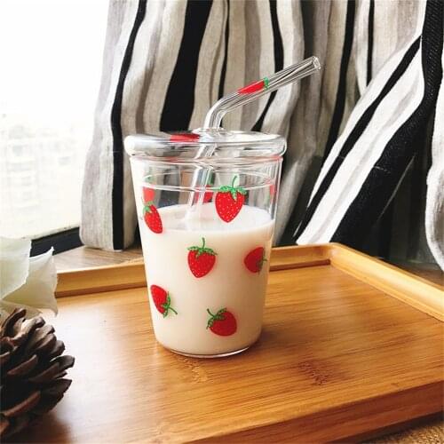 350ml Strawberry Glass Girl Star Letter Pattern Glass With Straw Juice Milk Tea Wine Creative Cup Gift Heat Resistant Coffee Mug