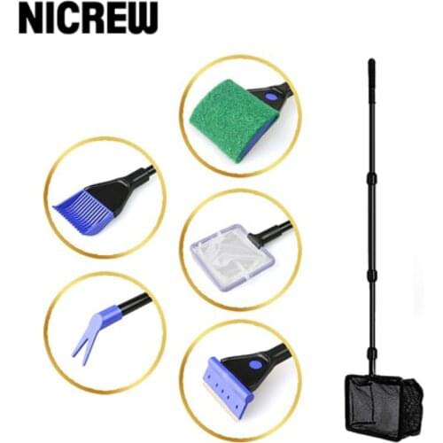 NICREW 6 in 1 Aquarium Cleaning Tools Aquarium Tank Clean Set Fish Net Gravel Rake Algae Scraper Fork Sponge Brush Glass Cleaner