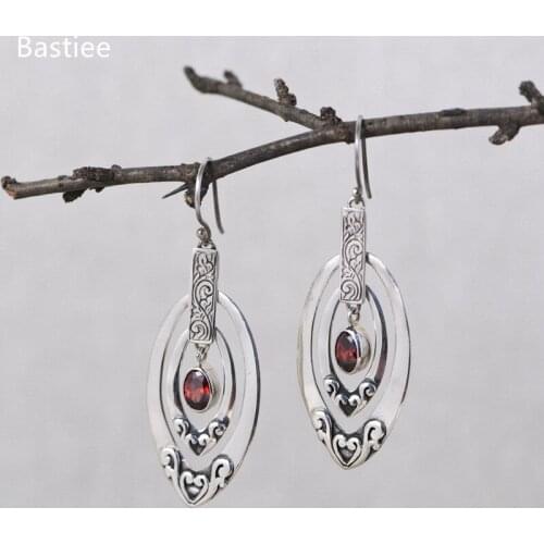 Bastiee Earings Fashion Jewelry Geometric Silver 925 Jewelry Vintage Korean Earrings Red Agate Sterling Silver