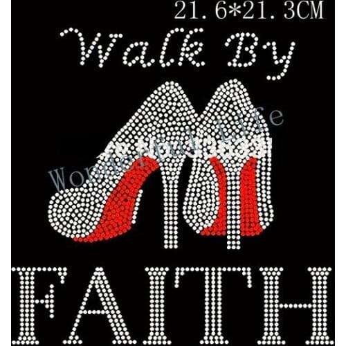 Free Shipping rhinestone iron on transfers design walk by faith high heel shoes for red with white clear crystal for ladys