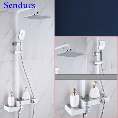 Bathroom Digital Shower Set White Chrome Bath Shower System Square Rainfall Shower Head Temperature Thermostatic Shower Set