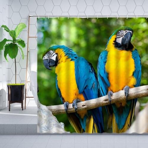 Color Animal Parrot Shower Curtain Green Leaves Blue Yellow Couple Bird Bathroom Decoration Polyester Cloth Hanging Curtains Set