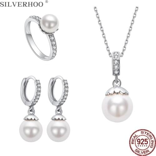 SILVERHOO 925 Sterling Silver For Women Rings Pendant Necklaces Clip Earrings Suit Artificial Pearl Party Fine Jewelry Hot Sale
