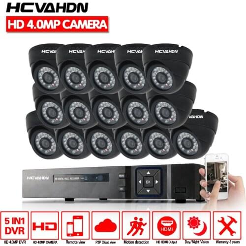 HCVAHDN CCTV Home System 16CH AHD DVR TVI CVI NVR 4.0MP surveillance camera system 16 Cameras Dome indoor security camera set