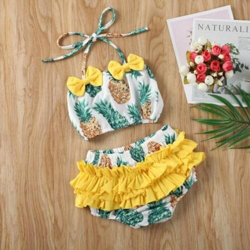 2PCS Baby Girl Pineapple Print Bowknot Ruffles Lovely Swimwear Kids Children Bikini Set Swimsuit Summer