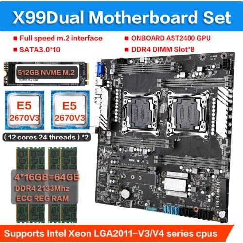 X99 dual motherboard set with 2pcs XEON E5 2670V3 six-core Processor 4*16gb ddr4 2133mhz ecc reg ram 2pcs cooler 512GB M.2 SSD