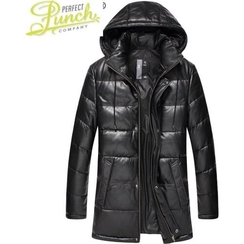 Leather Mens Jacket Winter Genuine Leather Jacket Men Hooded Long Sheepskin Coat Down Plus Size Chaqueta Cuero Hombre 16D118