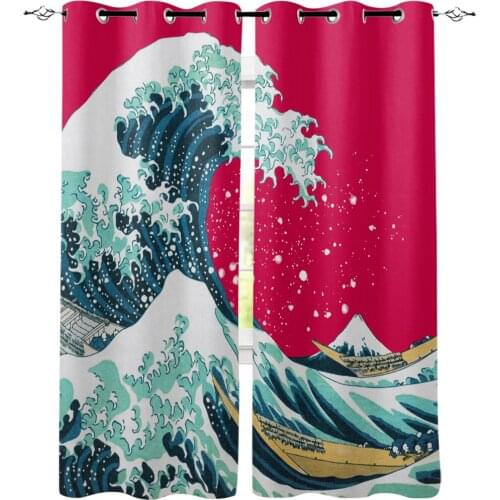 Kanagawa Red Illustration Curtains For Kitchen Bedroom Window Treatment Curtains for Living Room Home Decoration