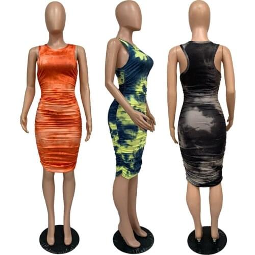 Summer Women Sexy Sleeveless Round Neck Slim Pleated Tie Dyed Print Tank Bodycon Dress Nightclub Vestidos